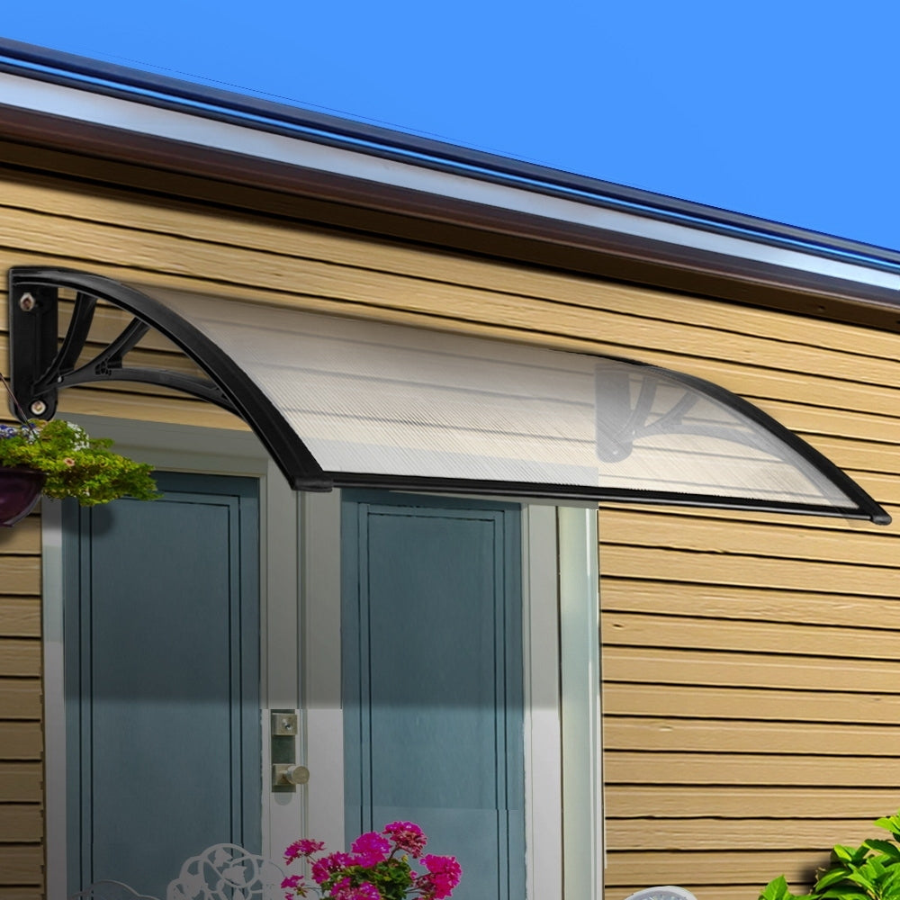 Awnings: Instahut Window Awning Door Canopy 1m x 4m Transparent Sheet Black Plastic Frame