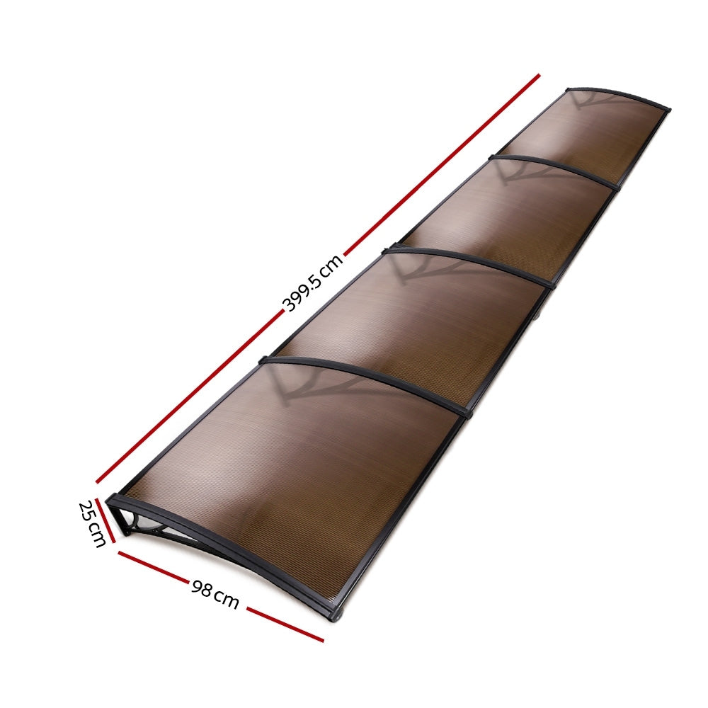Awnings: Instahut Window Awning Door Canopy 1m x 4m Brown Sheet Black Plastic Frame