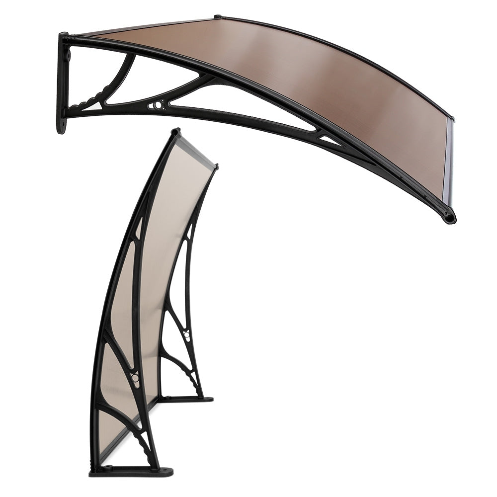 Awnings: Instahut Window Awning Door Canopy 1m x 4m Brown Sheet Black Plastic Frame