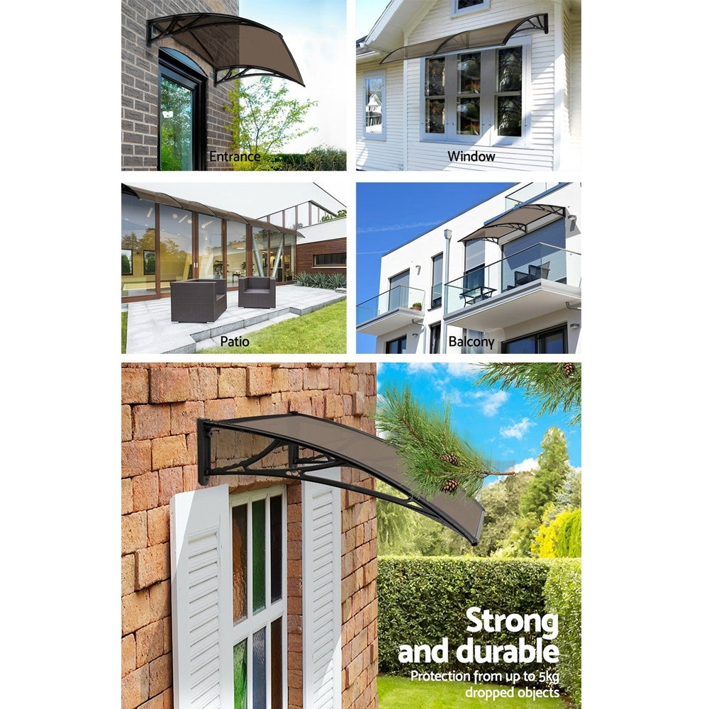 Awnings: Instahut Window Awning Door Canopy 1m x 4m Brown Sheet Black Plastic Frame