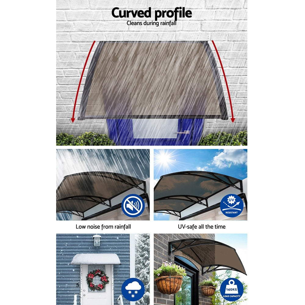 Awnings: Instahut Window Awning Door Canopy 1m x 4m Brown Sheet Black Plastic Frame