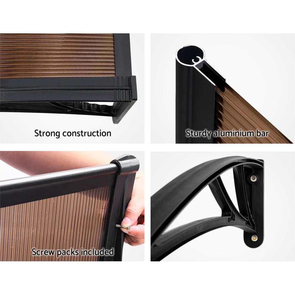 Awnings: Instahut Window Awning Door Canopy 1m x 4m Brown Sheet Black Plastic Frame