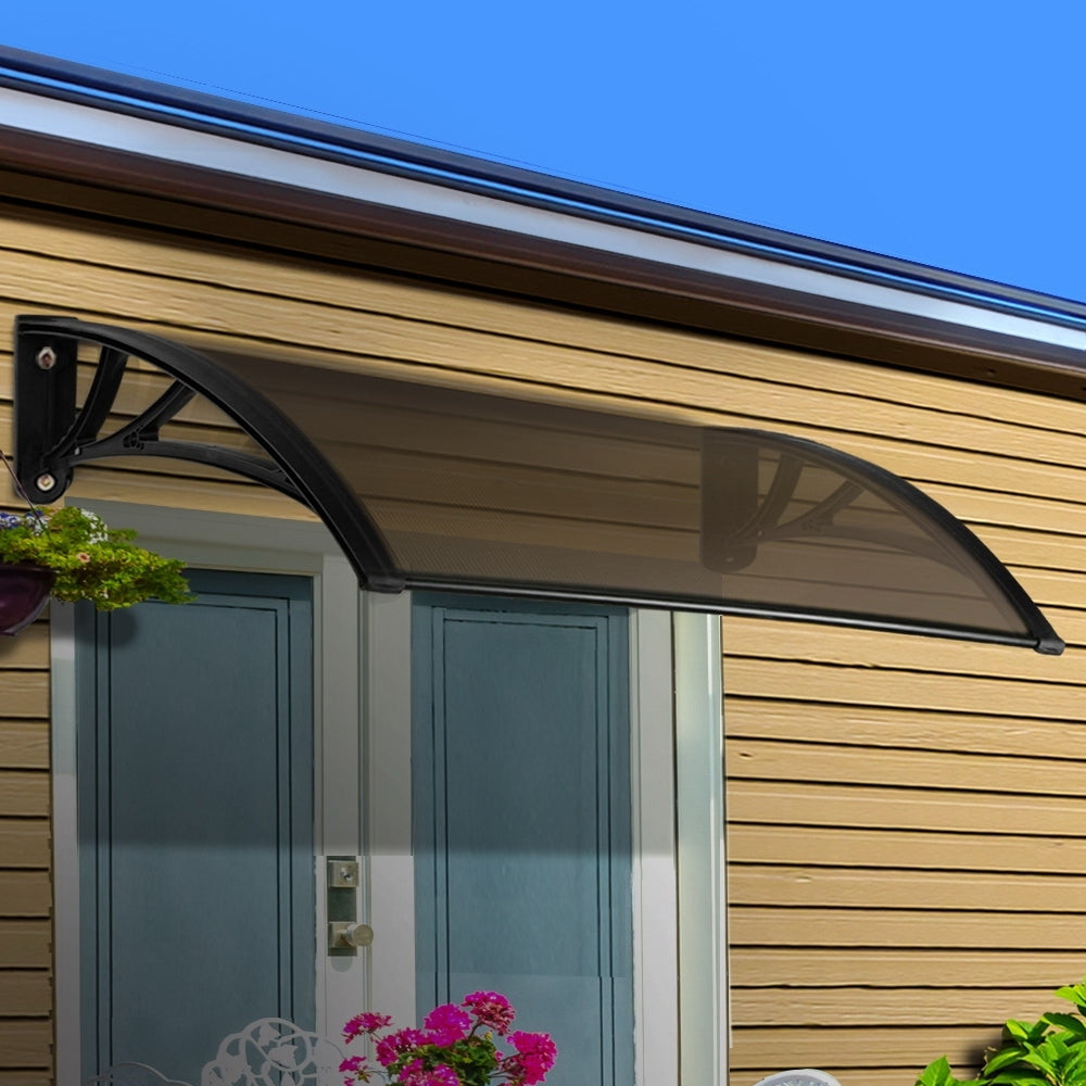 Awnings: Instahut Window Awning Door Canopy 1m x 4m Brown Sheet Black Plastic Frame