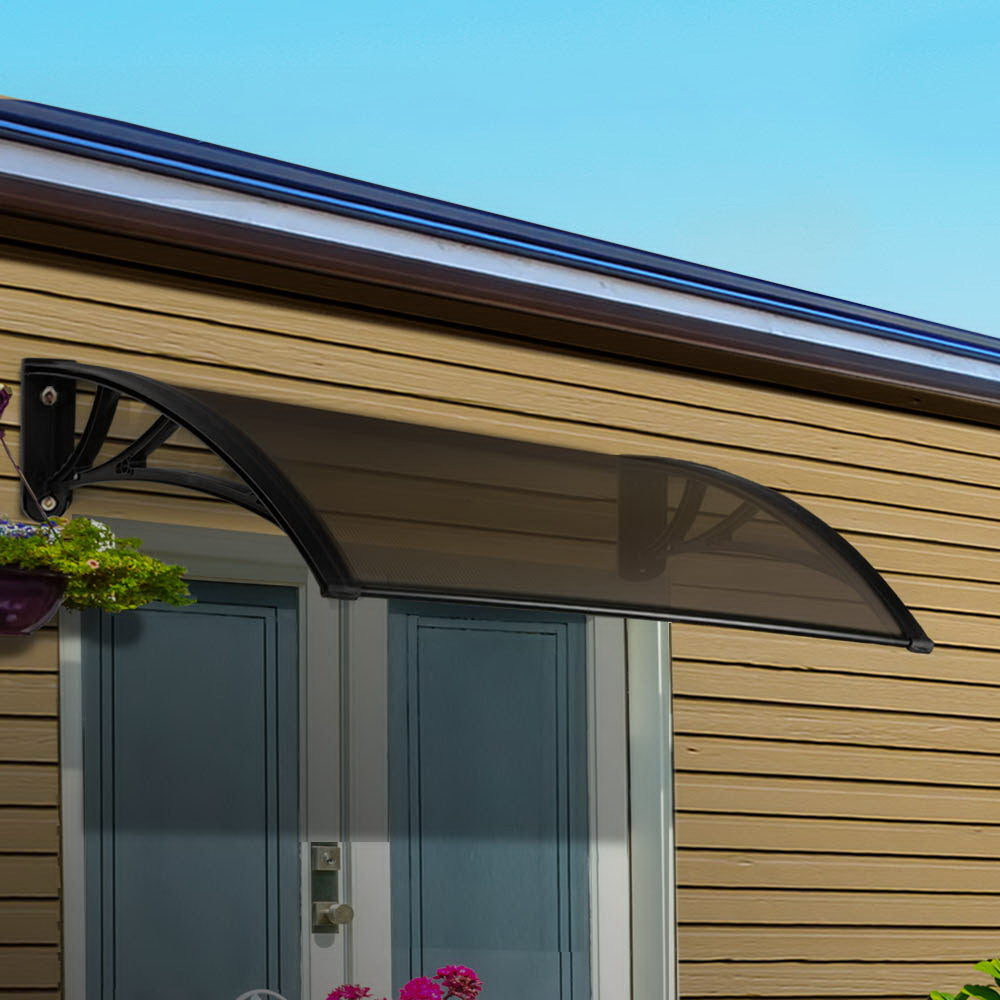 Awnings: Instahut Window Awning Door Canopy 1m x 4m Brown Sheet Black Plastic Frame
