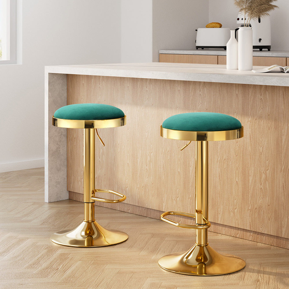 Table & Bar Stools: 2x Artiss Bar Stools Kitchen Dining Chairs Velvet Padded Stool Green