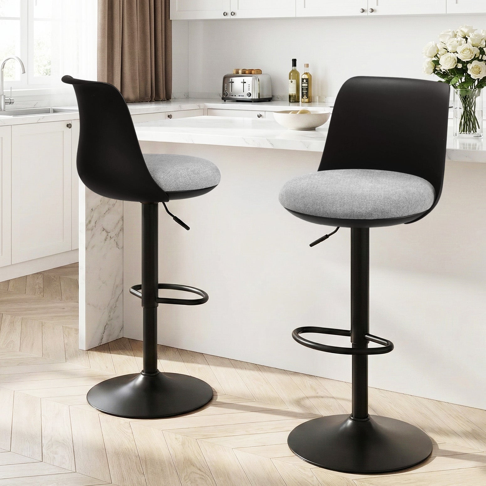 Table & Bar Stools: Artiss 2x Bar Stools Kitchen Swivel Gas Lift Counter Dining Chair Curved Black