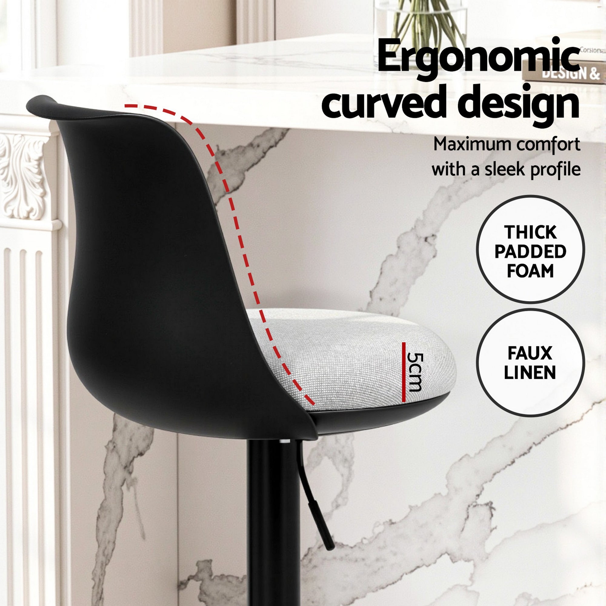 Table & Bar Stools: Artiss 4x Bar Stools Kitchen Swivel Gas Lift Counter Dining Chair Curved Black