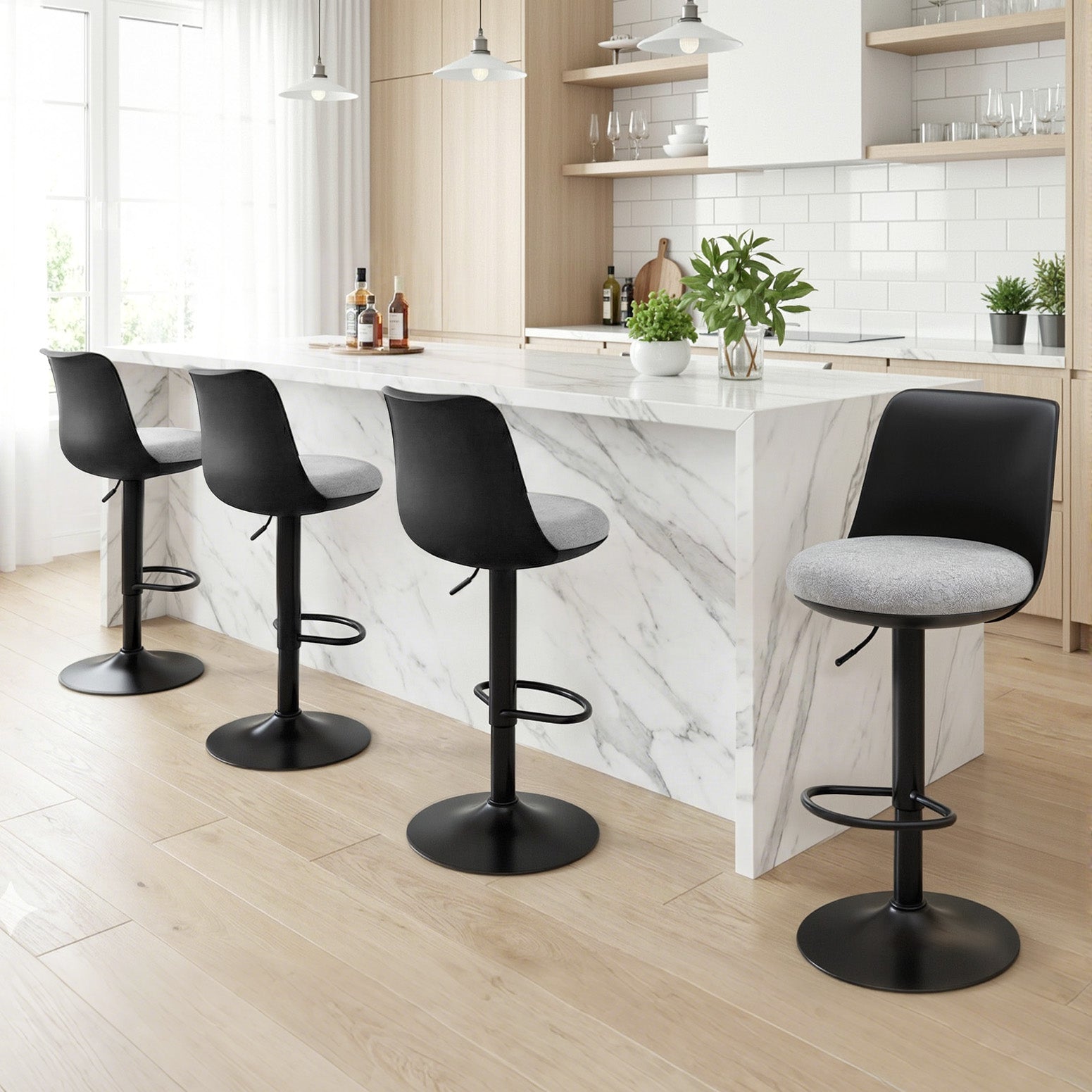 Table & Bar Stools: Artiss 4x Bar Stools Kitchen Swivel Gas Lift Counter Dining Chair Curved Black