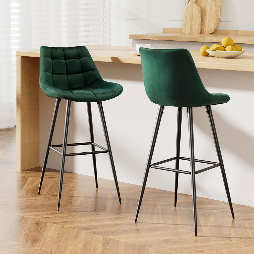 Table & Bar Stools: Artiss 2x Bar Stools Velvet Chairs Green
