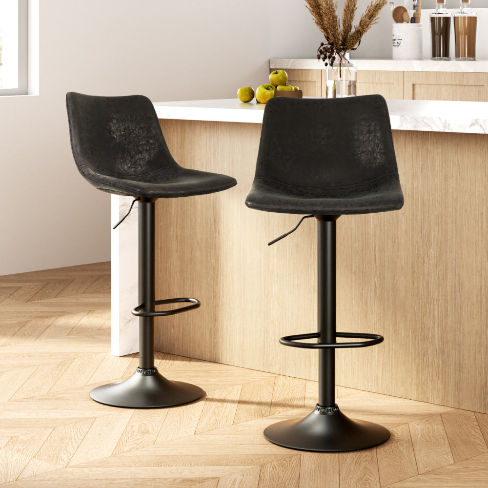 Table & Bar Stools: Artiss 2x Bar Stools Vintage Leather Swivel Gas Lift Black