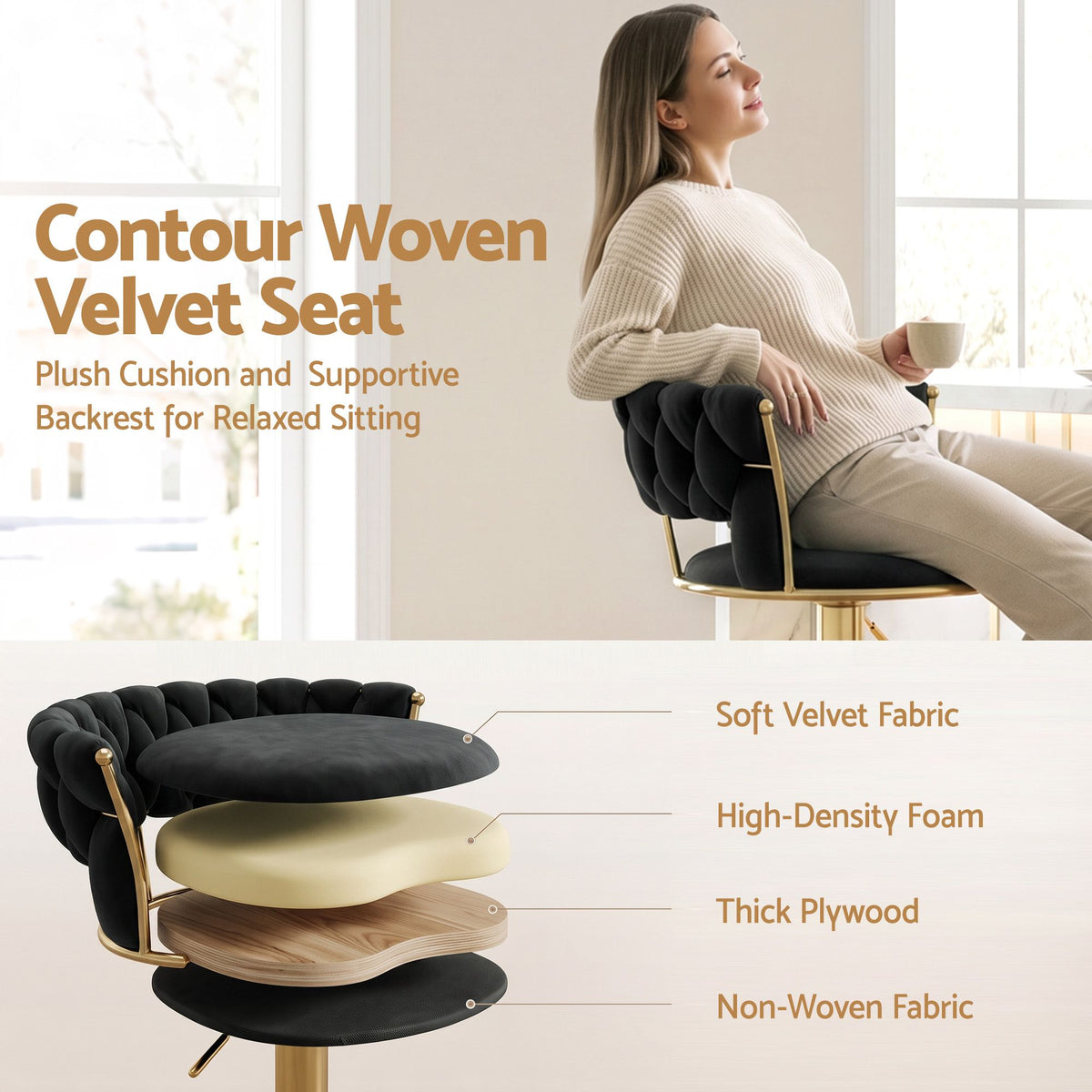 Artiss Bar Stool X1 Gas Lift Adjustable Velvet Woven Backrest Vivien Black