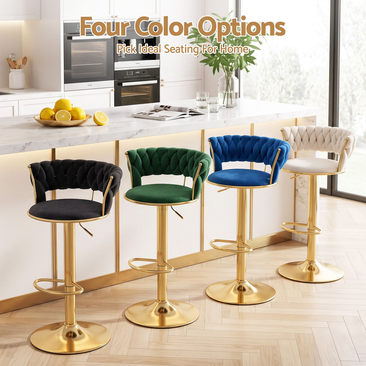 Artiss 2x Bar Stools Gas Lift Adjustable Velvet Woven Backrest Vivien Black
