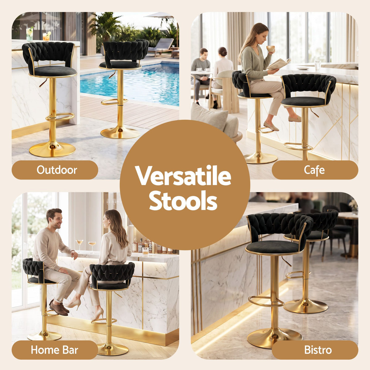 Artiss 3x Bar Stools Gas Lift Adjustable Velvet Woven Backrest Vivien Black