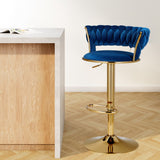 Table & Bar Stools: Artiss Bar Stools Gas Lift Velvet Woven Backrest Navy