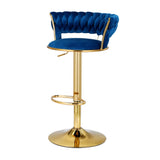 Table & Bar Stools: Artiss Bar Stools Gas Lift Velvet Woven Backrest Navy