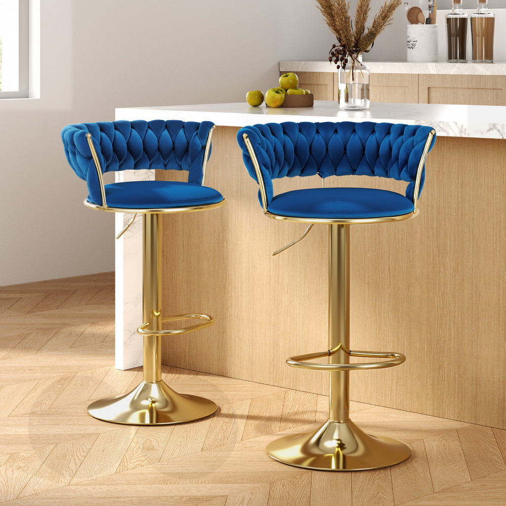Table & Bar Stools: Artiss 2x Bar Stools Gas Lift Velvet Woven Backrest Navy
