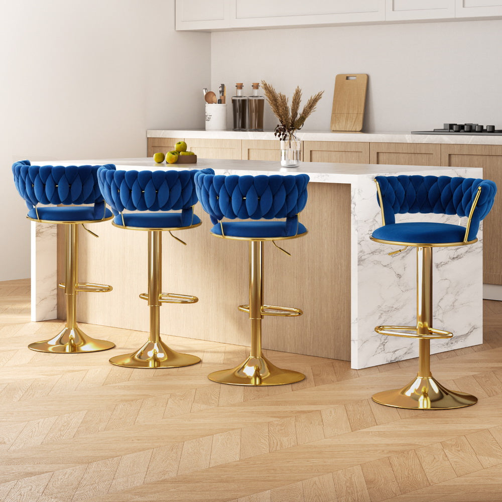 Table & Bar Stools: Artiss 4x Bar Stools Gas Lift Velvet Woven Backrest Navy