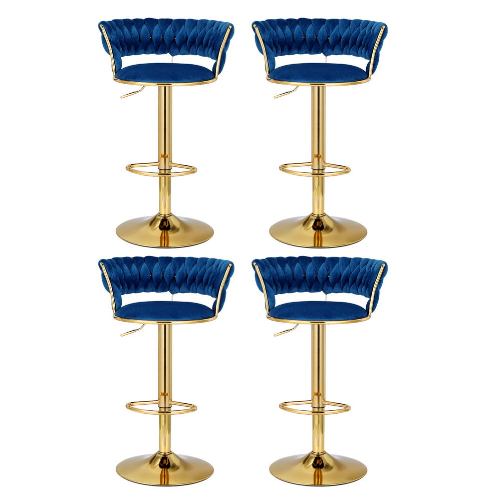 Table & Bar Stools: Artiss 4x Bar Stools Gas Lift Velvet Woven Backrest Navy