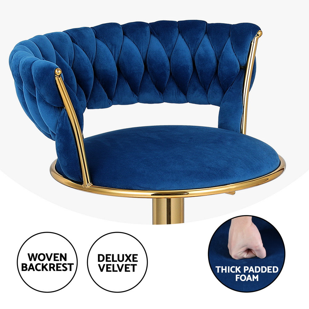 Table & Bar Stools: Artiss 4x Bar Stools Gas Lift Velvet Woven Backrest Navy