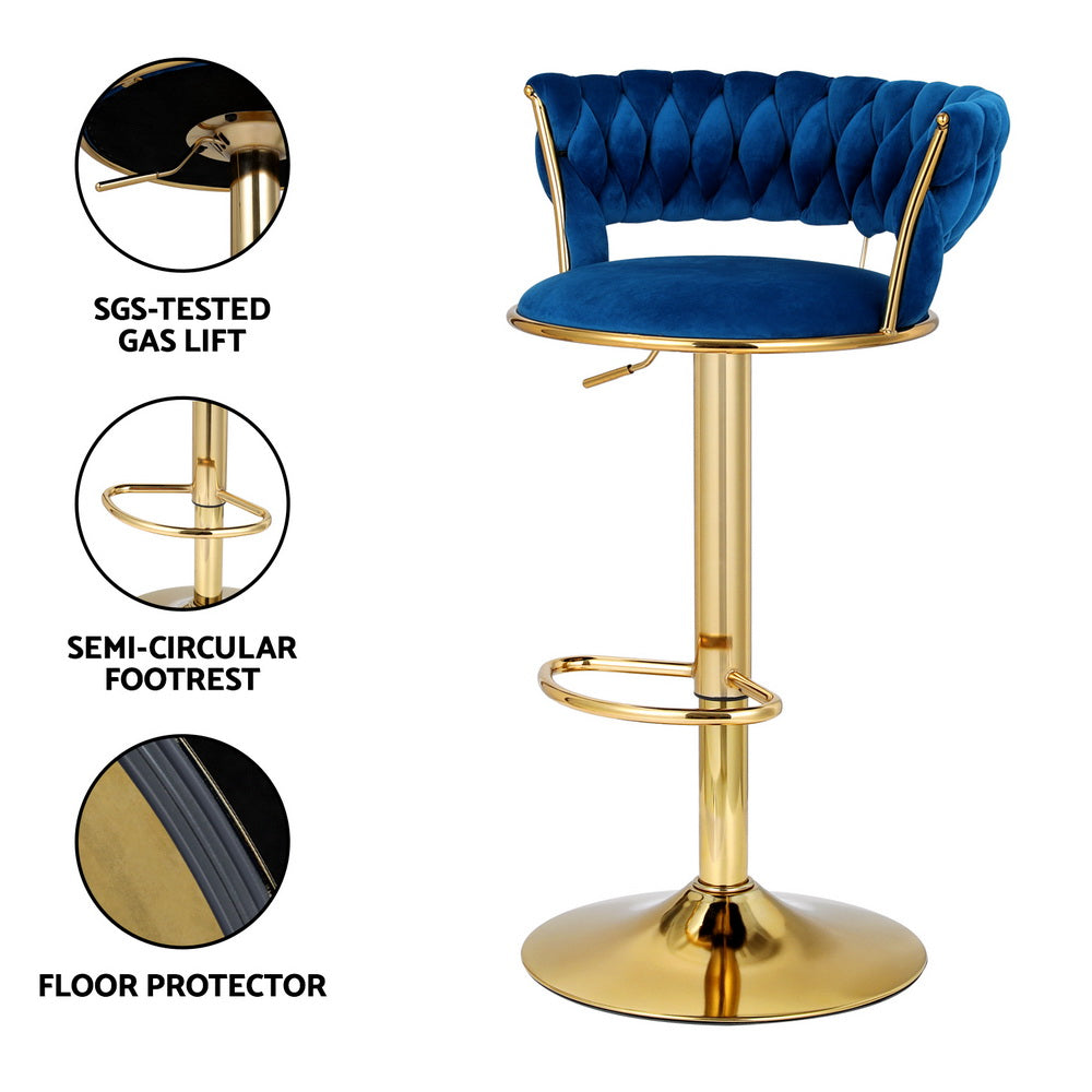 Table & Bar Stools: Artiss 4x Bar Stools Gas Lift Velvet Woven Backrest Navy