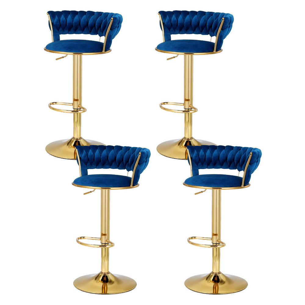 Table & Bar Stools: Artiss 4x Bar Stools Gas Lift Velvet Woven Backrest Navy