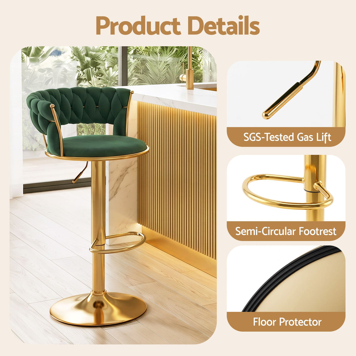 Artiss Bar Stool X1 Gas Lift Adjustable Velvet Woven Backrest Vivien Green