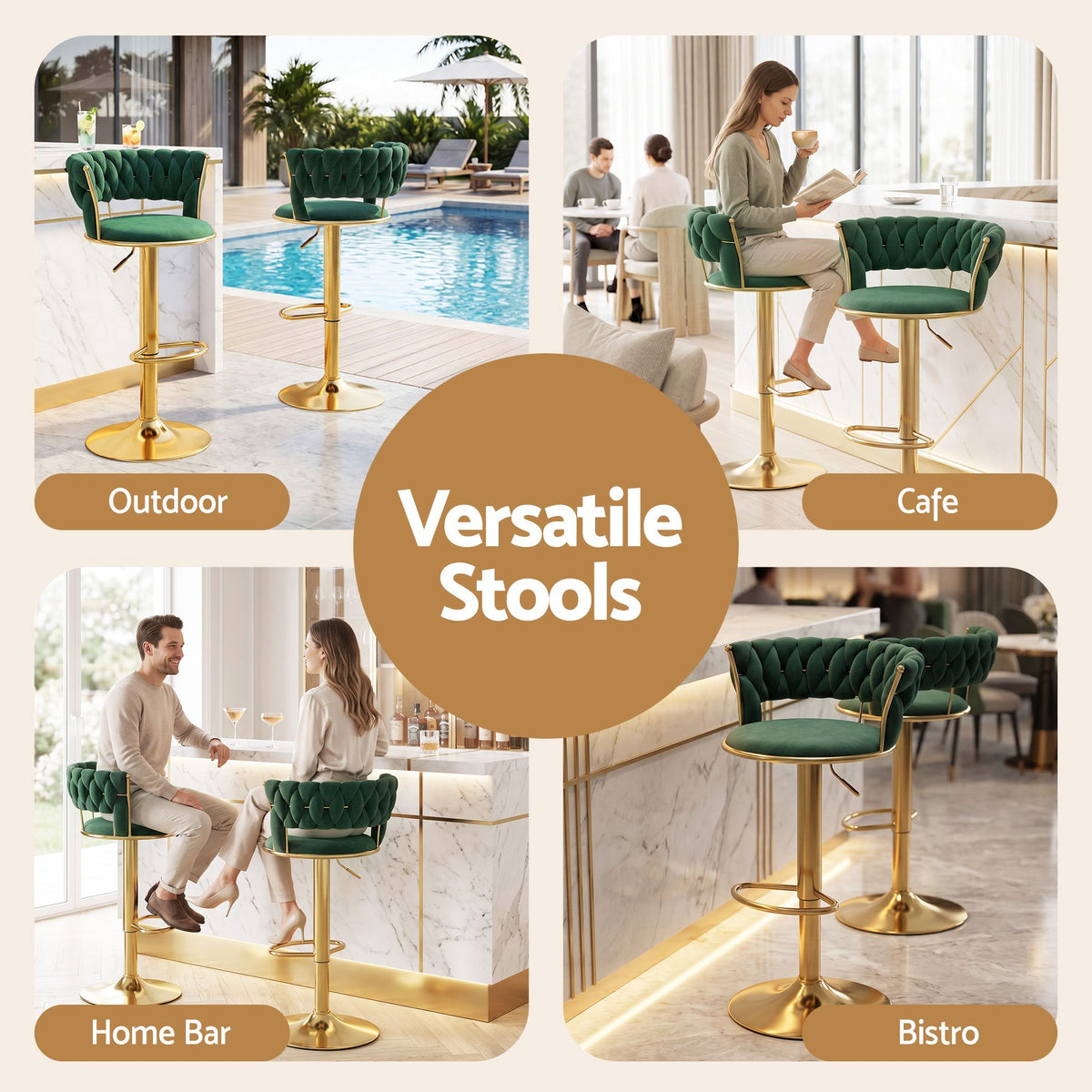 Artiss 2x Bar Stools Gas Lift Adjustable Velvet Woven Backrest Vivien Green