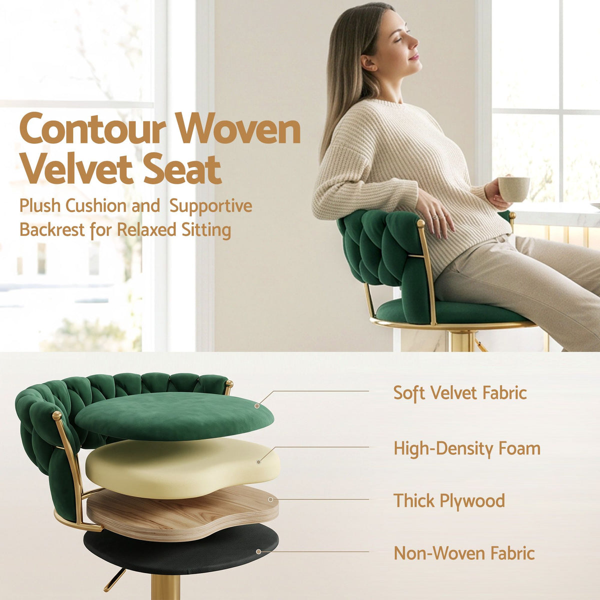 Artiss 4x Bar Stools Gas Lift Adjustable Velvet Woven Backrest Vivien Green