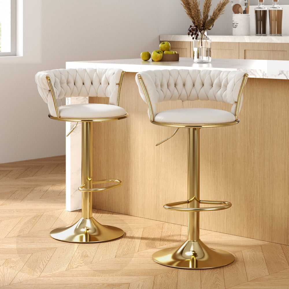 Table & Bar Stools: Artiss 2x Bar Stools Gas Lift Velvet Woven Backrest Ivory
