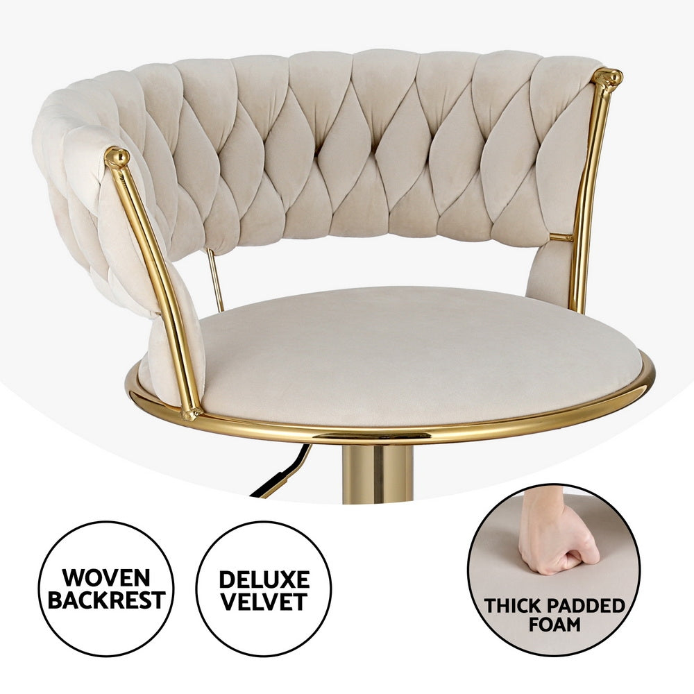 Table & Bar Stools: Artiss 2x Bar Stools Gas Lift Velvet Woven Backrest Ivory