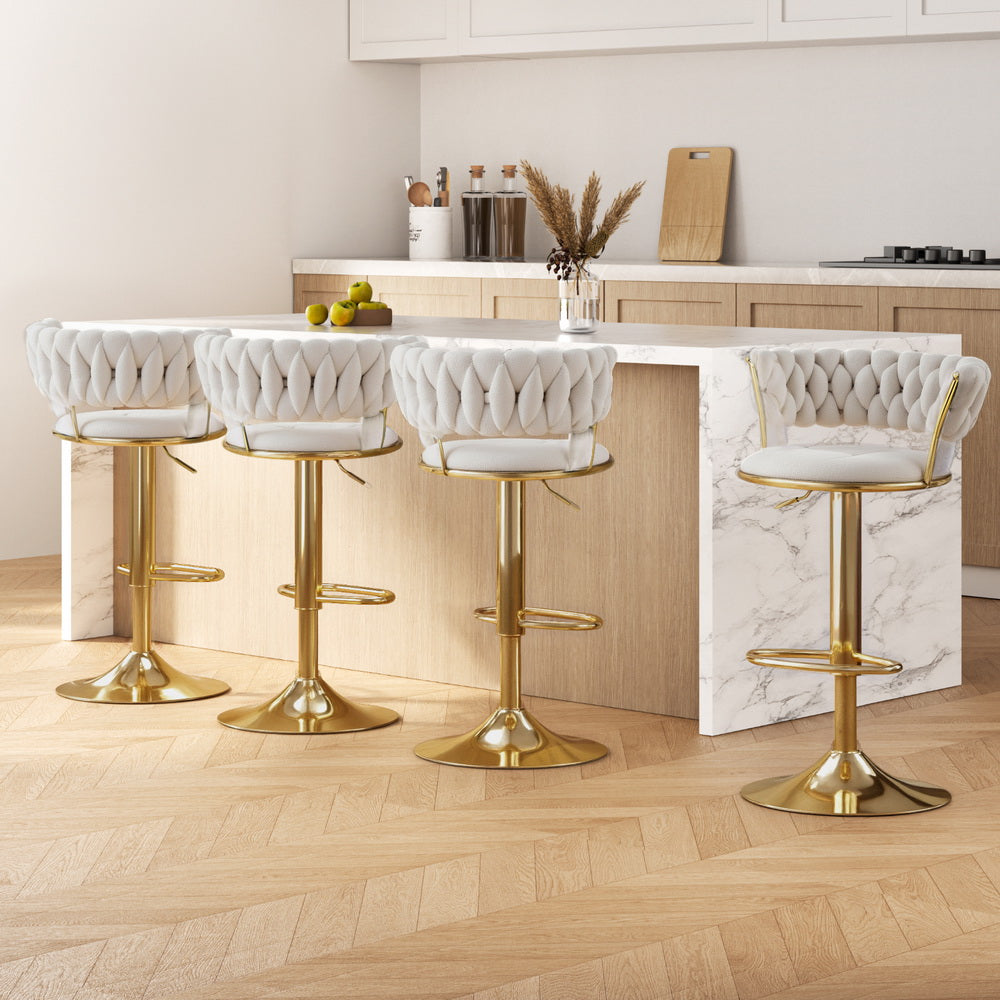 Table & Bar Stools: Artiss 4x Bar Stools Gas Lift Velvet Woven Backrest Ivory
