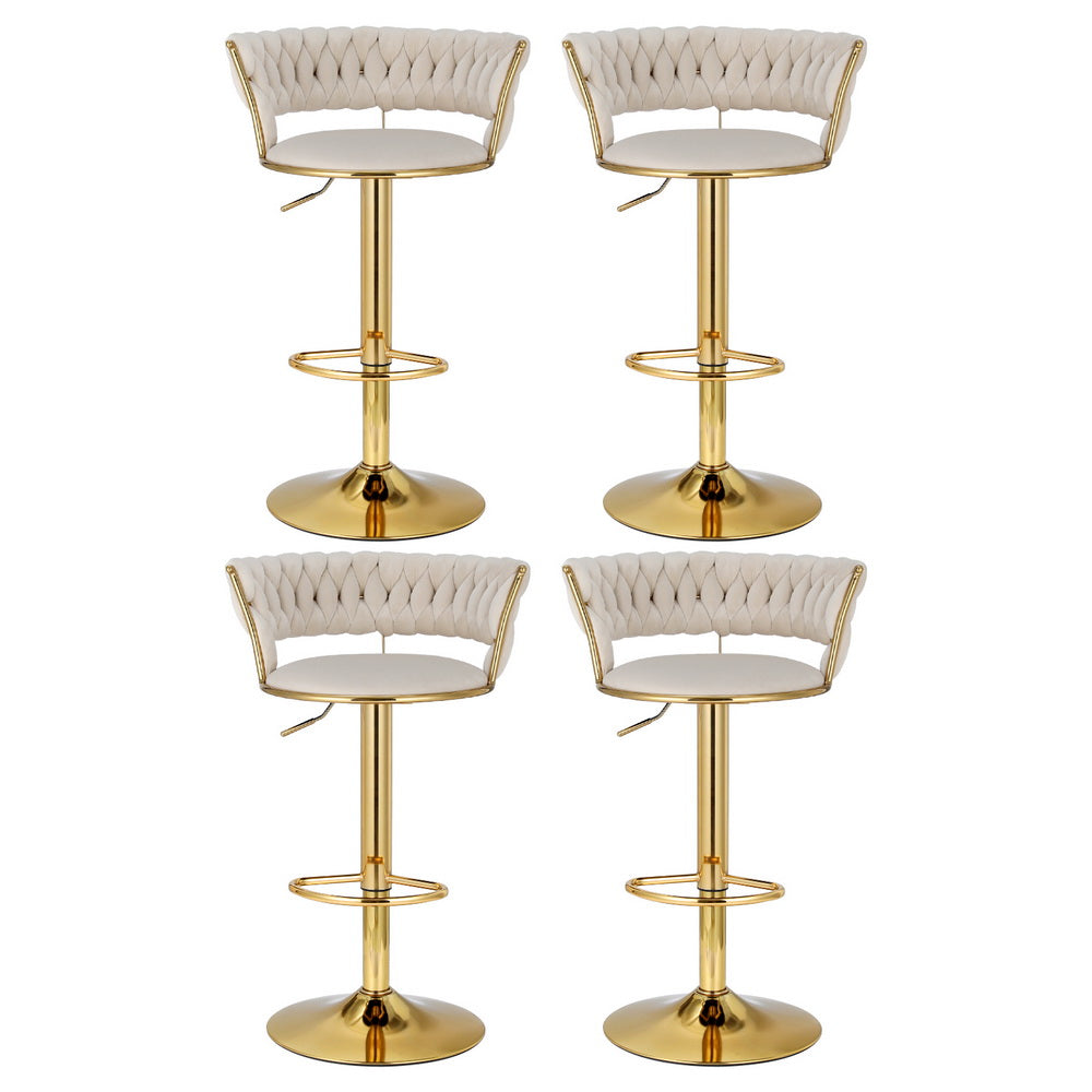 Table & Bar Stools: Artiss 4x Bar Stools Gas Lift Velvet Woven Backrest Ivory