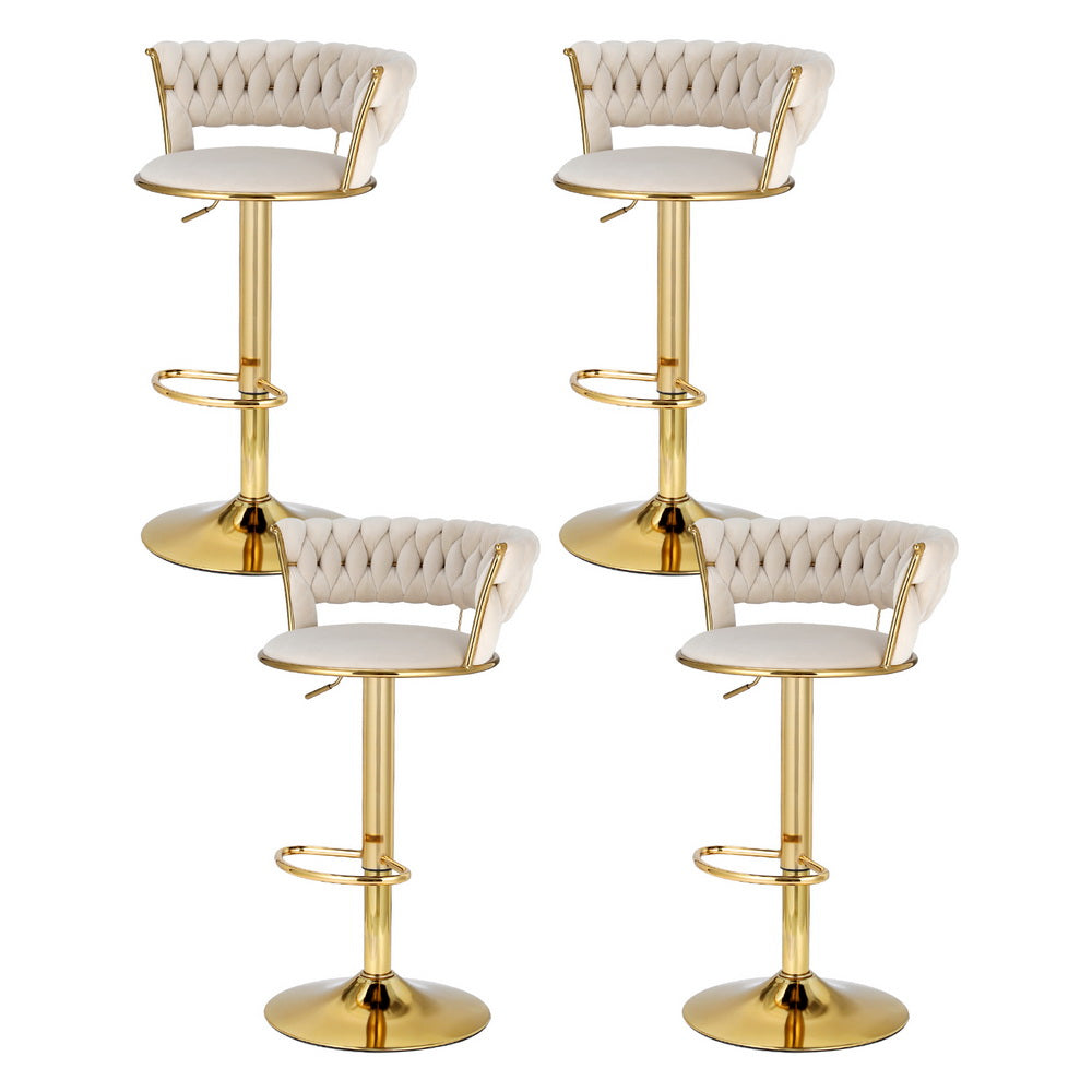 Table & Bar Stools: Artiss 4x Bar Stools Gas Lift Velvet Woven Backrest Ivory