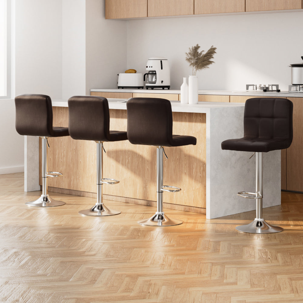 Table & Bar Stools: Artiss 4x Bar Stools Leather Gas Lift Brown