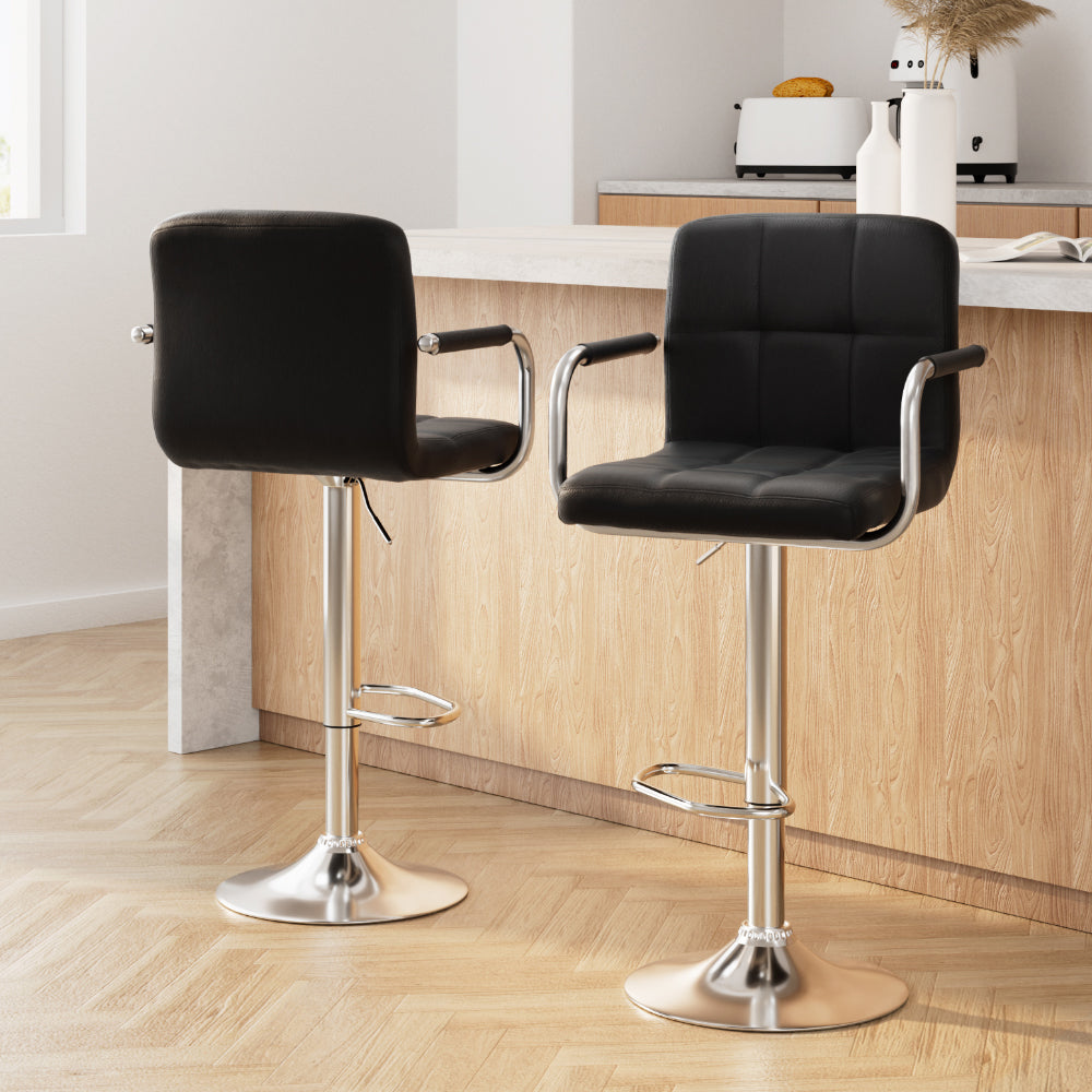 Table & Bar Stools: Artiss 2x Bar Stools Leather Gas Lift w/Armrest Black