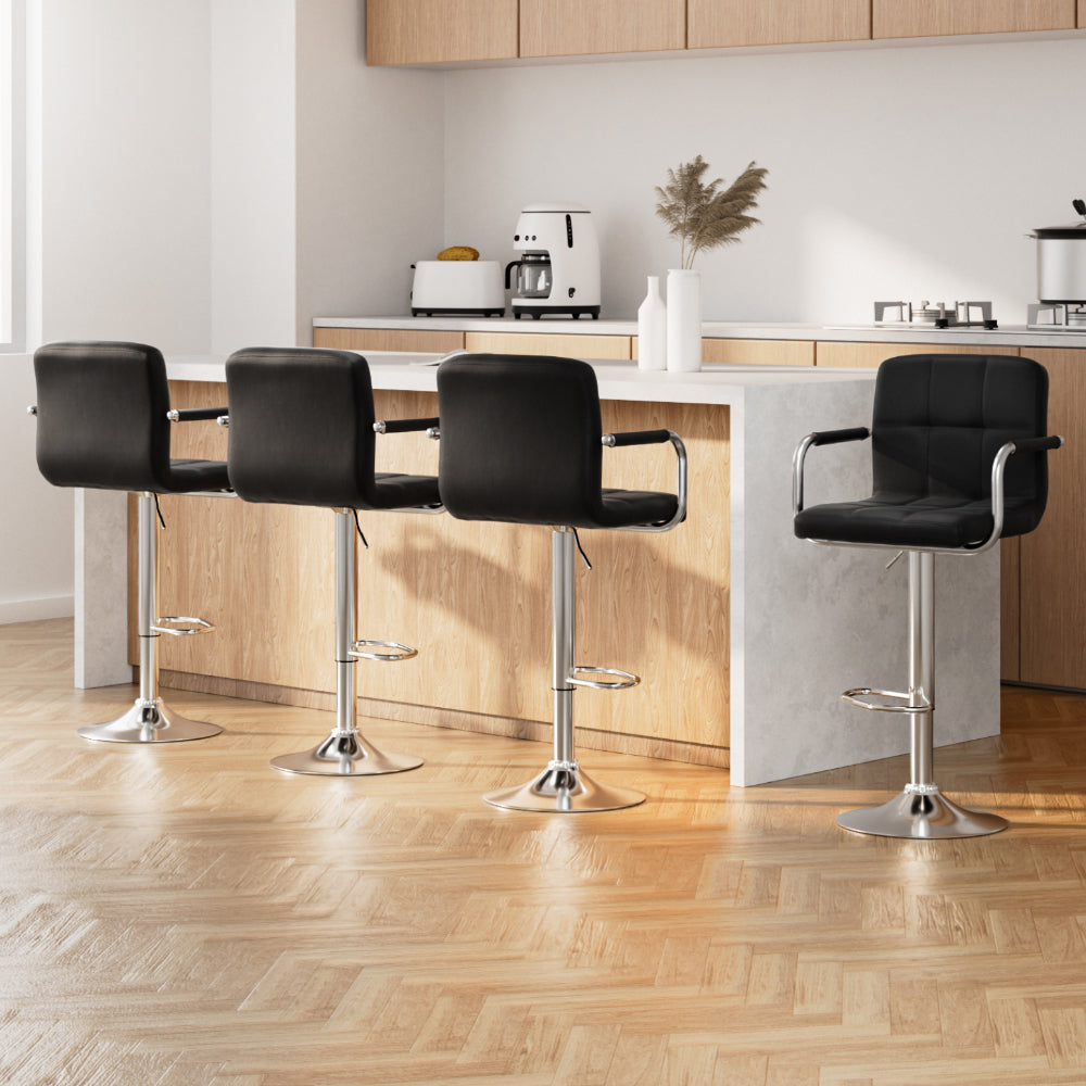 Table & Bar Stools: Artiss 4x Bar Stools Leather Gas Lift w/Armrest Black