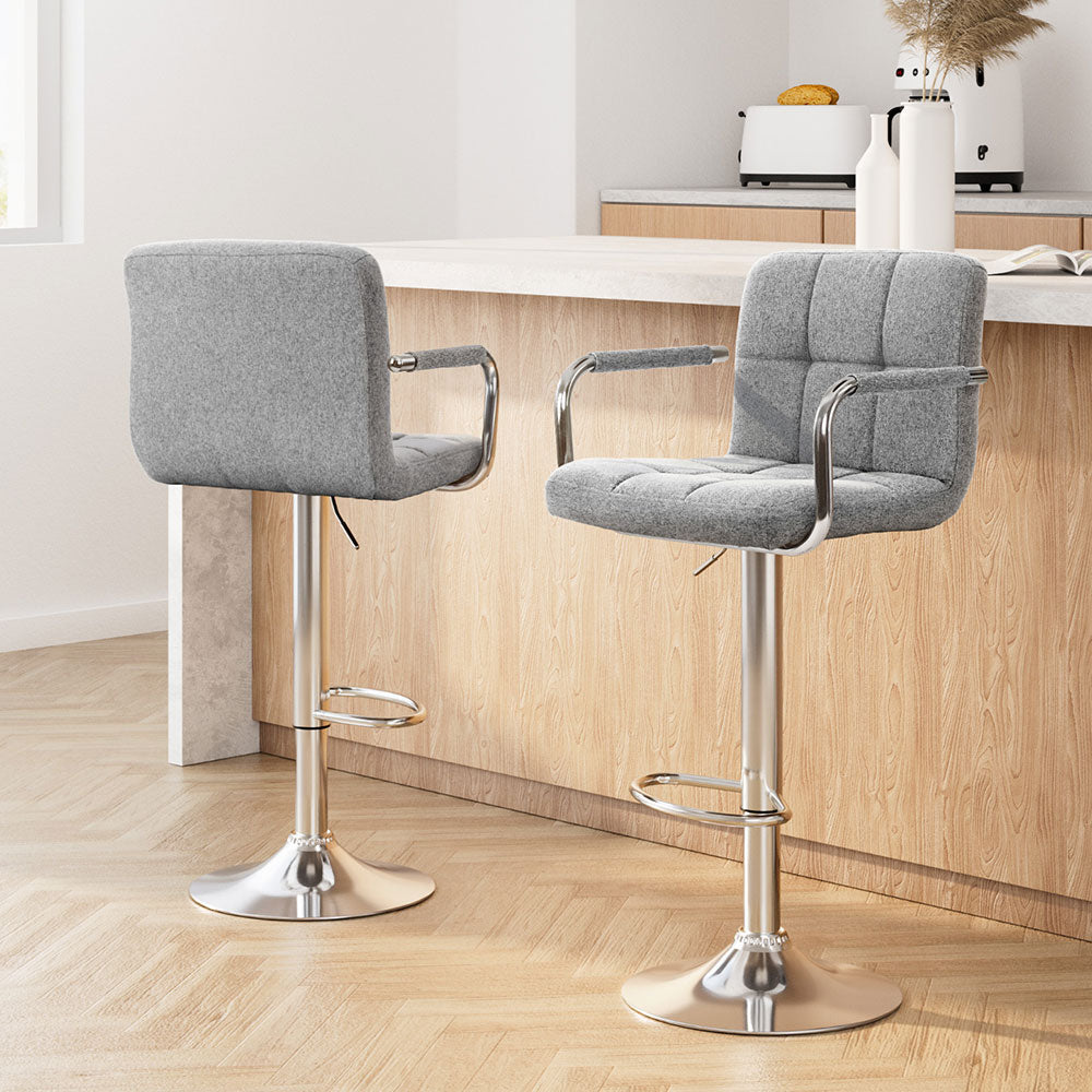 Table & Bar Stools: Artiss 2x Bar Stools Fabric Gas Lift w/Armrest Grey