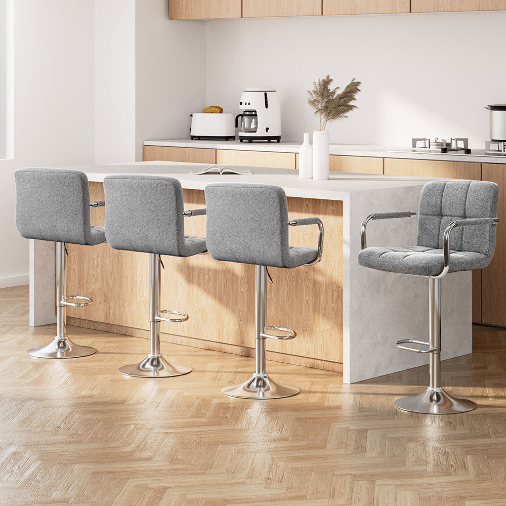 Table & Bar Stools: Artiss 4x Bar Stools Fabric Gas Lift w/Armrest Grey