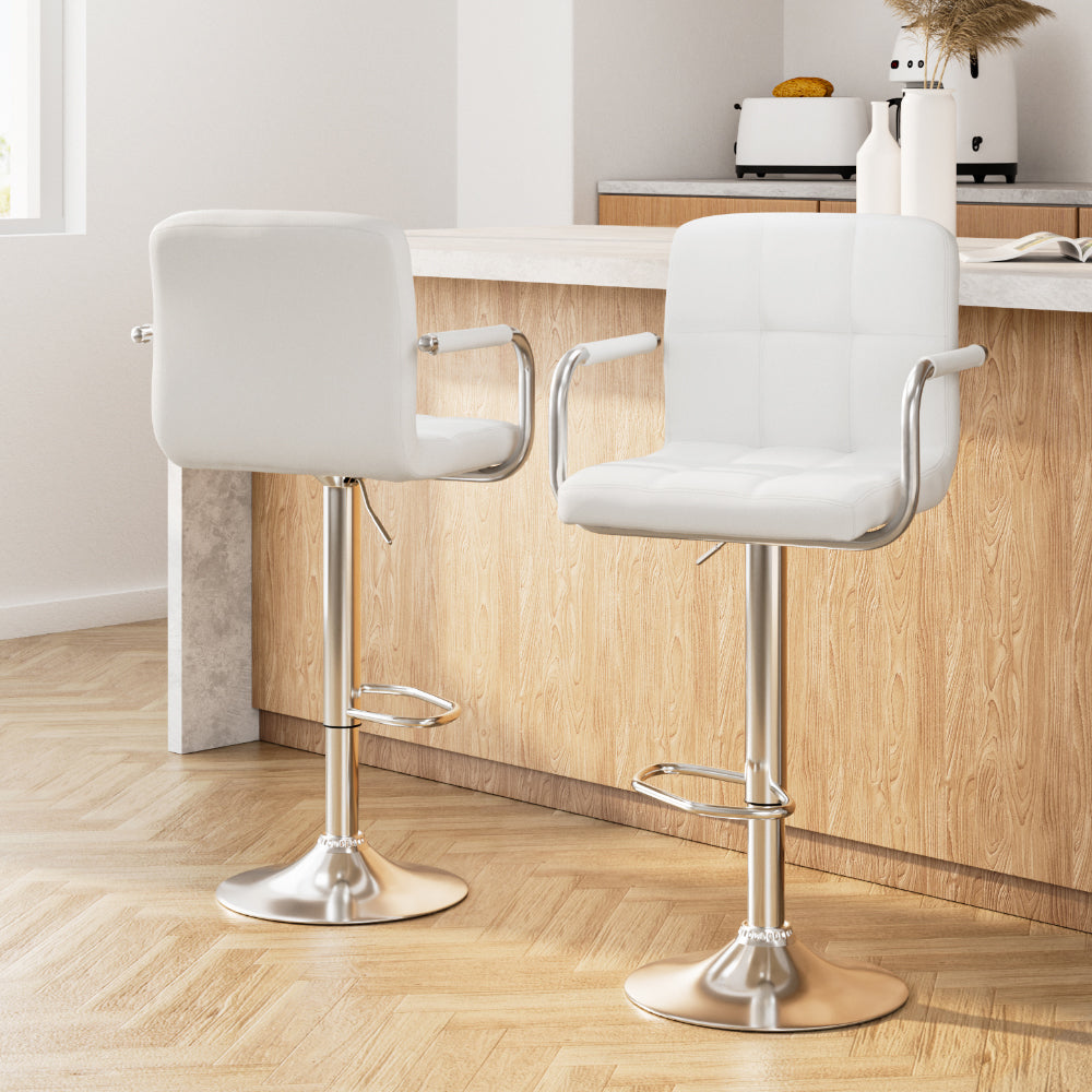 Table & Bar Stools: Artiss 2x Bar Stools Leather Gas Lift w/Armrest White
