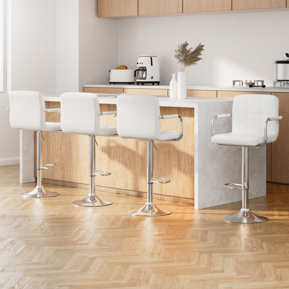 Table & Bar Stools: Artiss 4x Bar Stools Leather Gas Lift w/Armrest White
