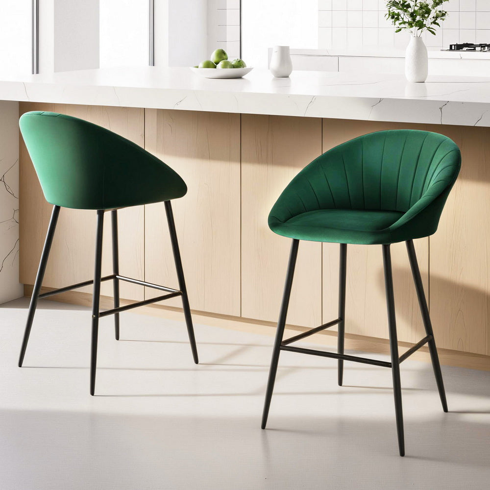 Table & Bar Stools: Artiss 2x Bar Stools Kitchen Dining Chair Counter Stool Tub Velvet Metal Green