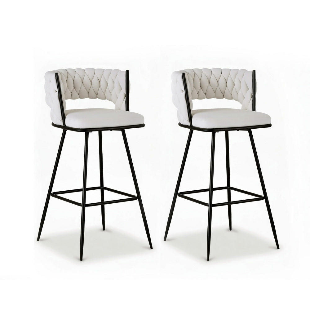 Table & Bar Stools: Artiss 2x Bar Stools Kitchen Dining Chair Counter Stool Woven Velvet Metal Ivory