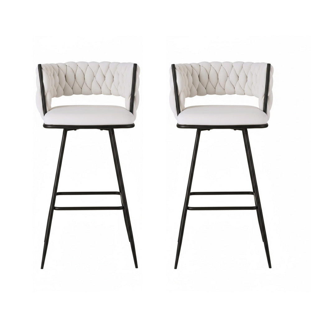 Table & Bar Stools: Artiss 2x Bar Stools Kitchen Dining Chair Counter Stool Woven Velvet Metal Ivory
