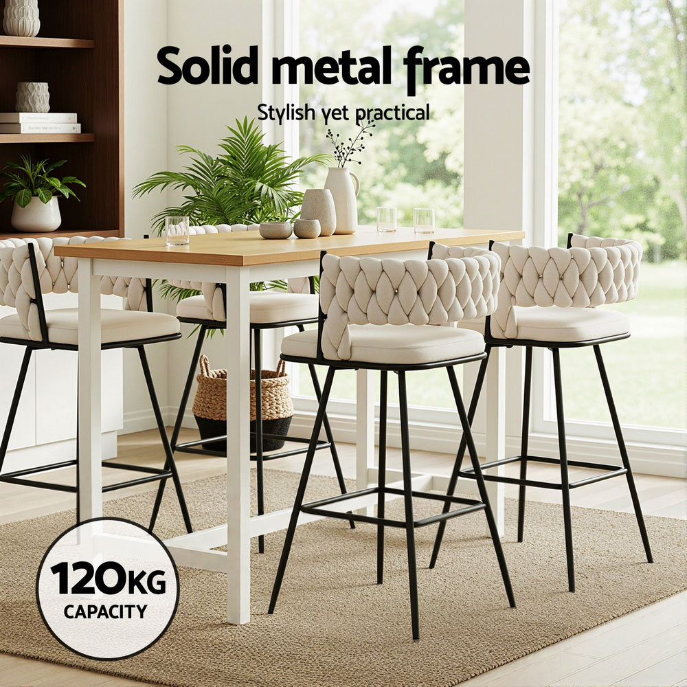 Table & Bar Stools: Artiss 2x Bar Stools Kitchen Dining Chair Counter Stool Woven Velvet Metal Ivory
