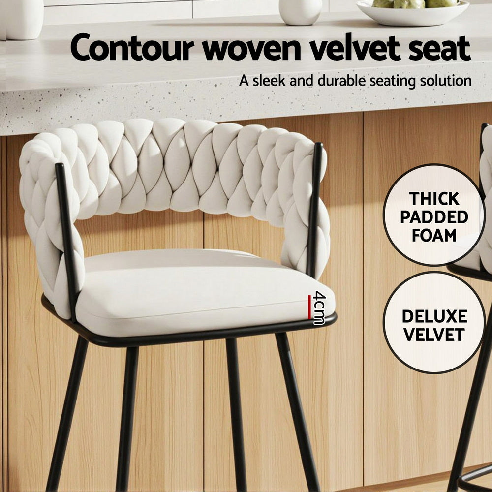 Table & Bar Stools: Artiss 2x Bar Stools Kitchen Dining Chair Counter Stool Woven Velvet Metal Ivory