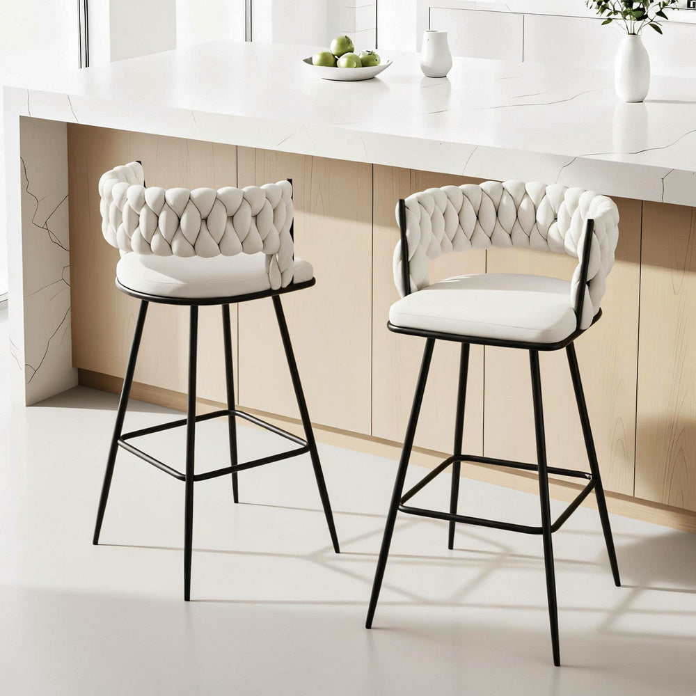 Table & Bar Stools: Artiss 2x Bar Stools Kitchen Dining Chair Counter Stool Woven Velvet Metal Ivory