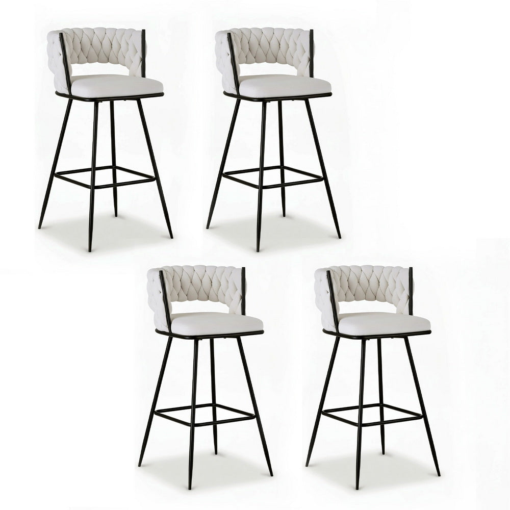 Table & Bar Stools: Artiss 4x Bar Stools Kitchen Dining Chair Counter Stool Woven Velvet Metal Ivory