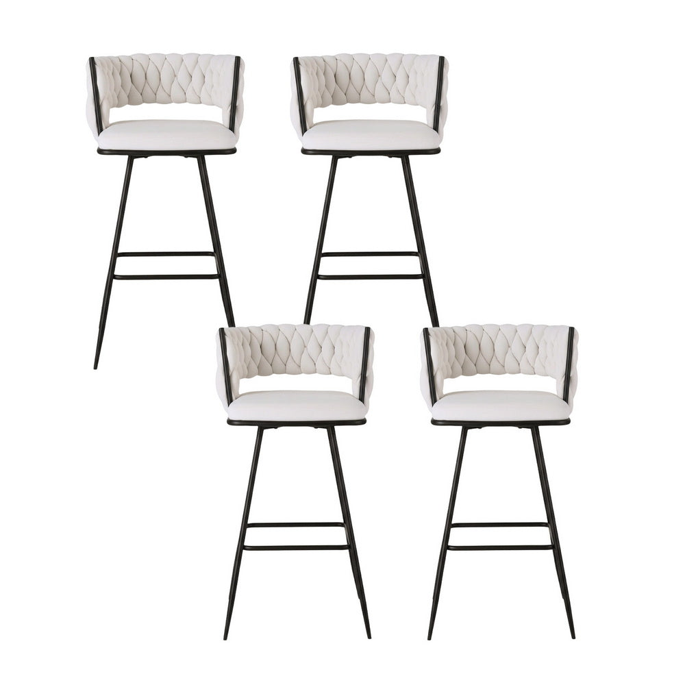 Table & Bar Stools: Artiss 4x Bar Stools Kitchen Dining Chair Counter Stool Woven Velvet Metal Ivory