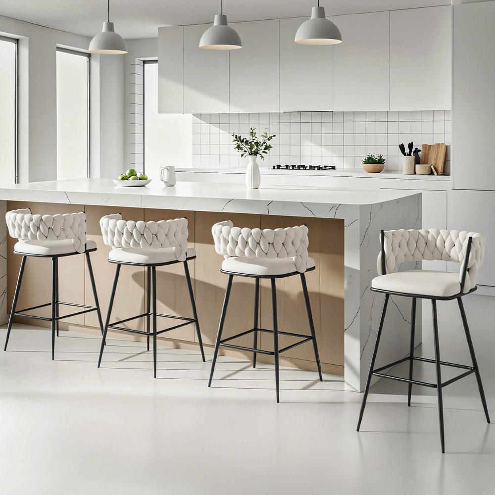 Table & Bar Stools: Artiss 4x Bar Stools Kitchen Dining Chair Counter Stool Woven Velvet Metal Ivory