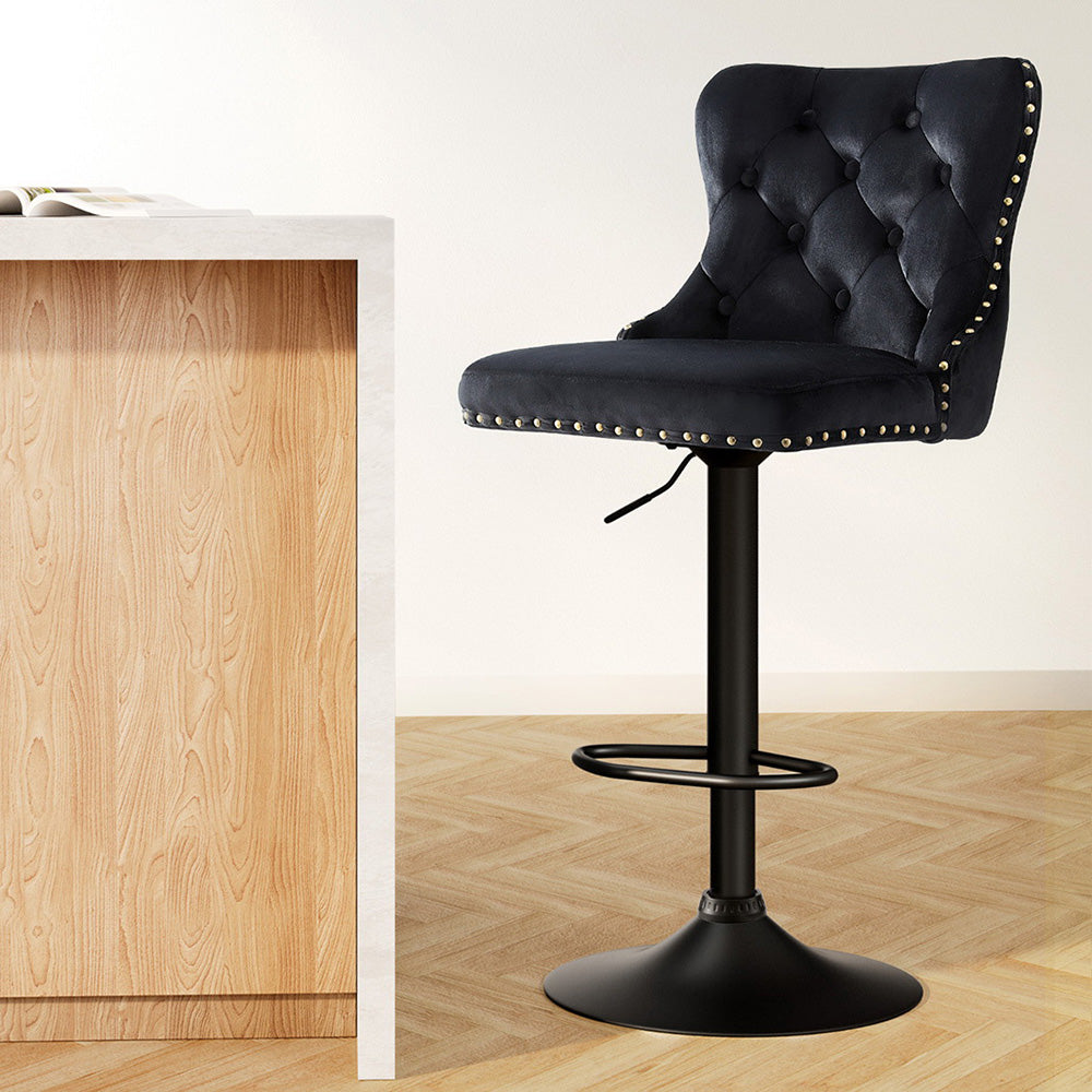 Table & Bar Stools: Artiss 1x Velvet Bar Stool Adjustable Height Nailhead Trim Kitchen Counter Stool